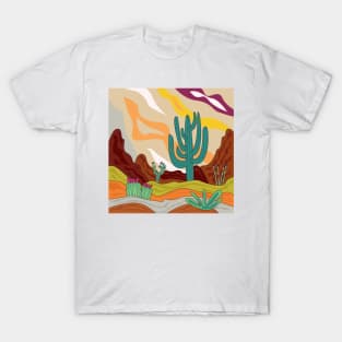 Desert climate, retro style, abstract cactus , sun, sand and mountains , Arizona T-Shirt